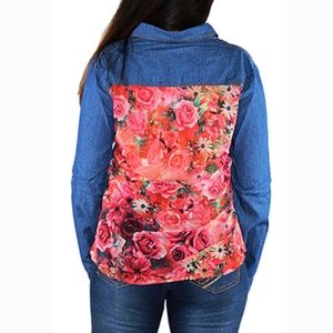 100% Cotton Denim Button Top w/Floral Chiffon 34-2